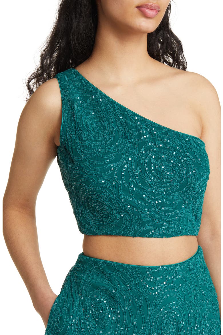 Raz Floral Embroidered One-Shoulder Lehenga with Dupatta, Alternate, color, EMERALD