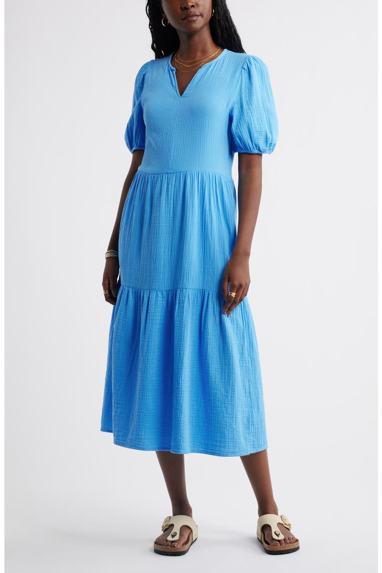 Puff Sleeve Tiered Cotton Gauze Midi Dress, Main, color, BLUE MAYA