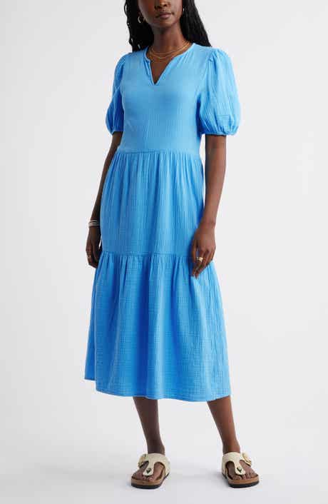 Puff Sleeve Tiered Cotton Gauze Midi Dress