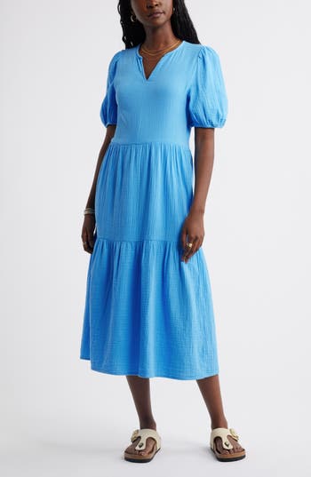 Caslon ® Puff Sleeve Tiered Cotton Gauze Midi Dress In Blue