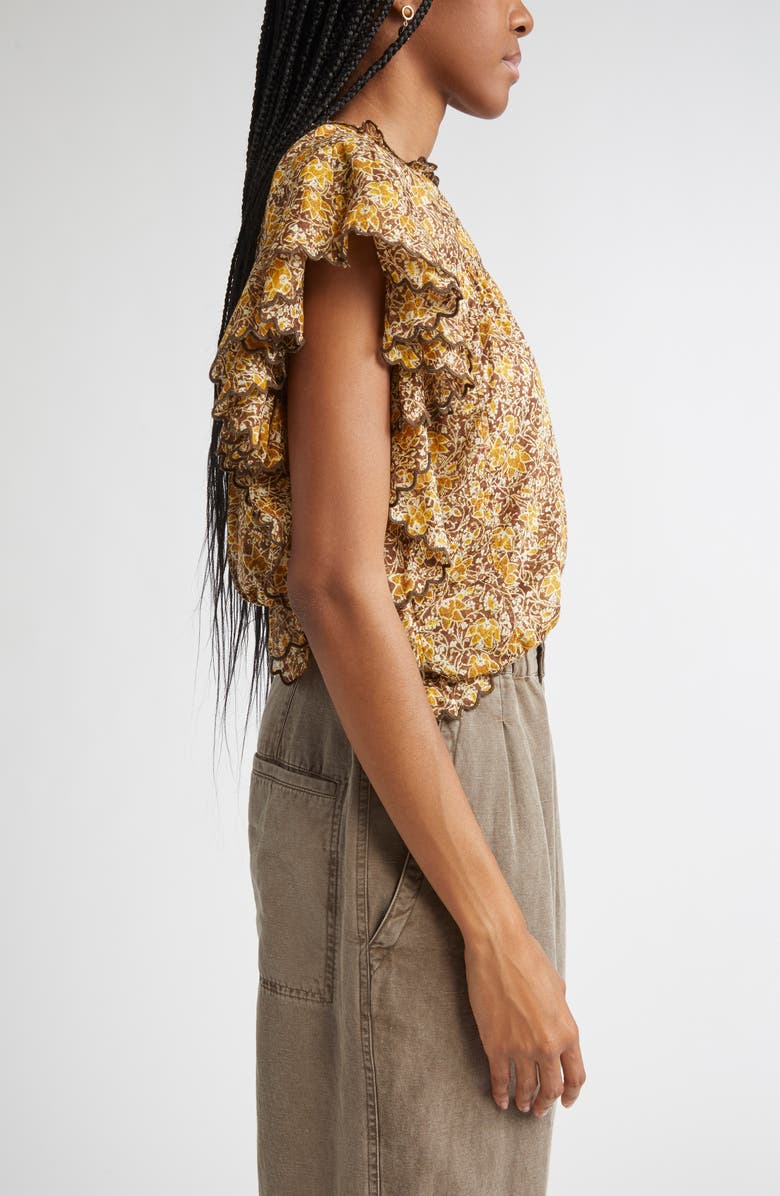 Isabel Marant Étoile Daliyane Floral Ruffle Detail Cotton Top, Alternate, color, Khaki