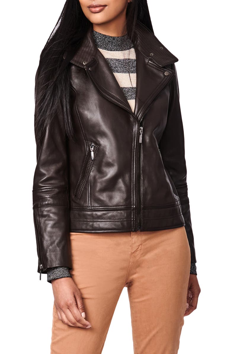 Bernardo Leather Moto Jacket, Main, color, Chocolate Chip