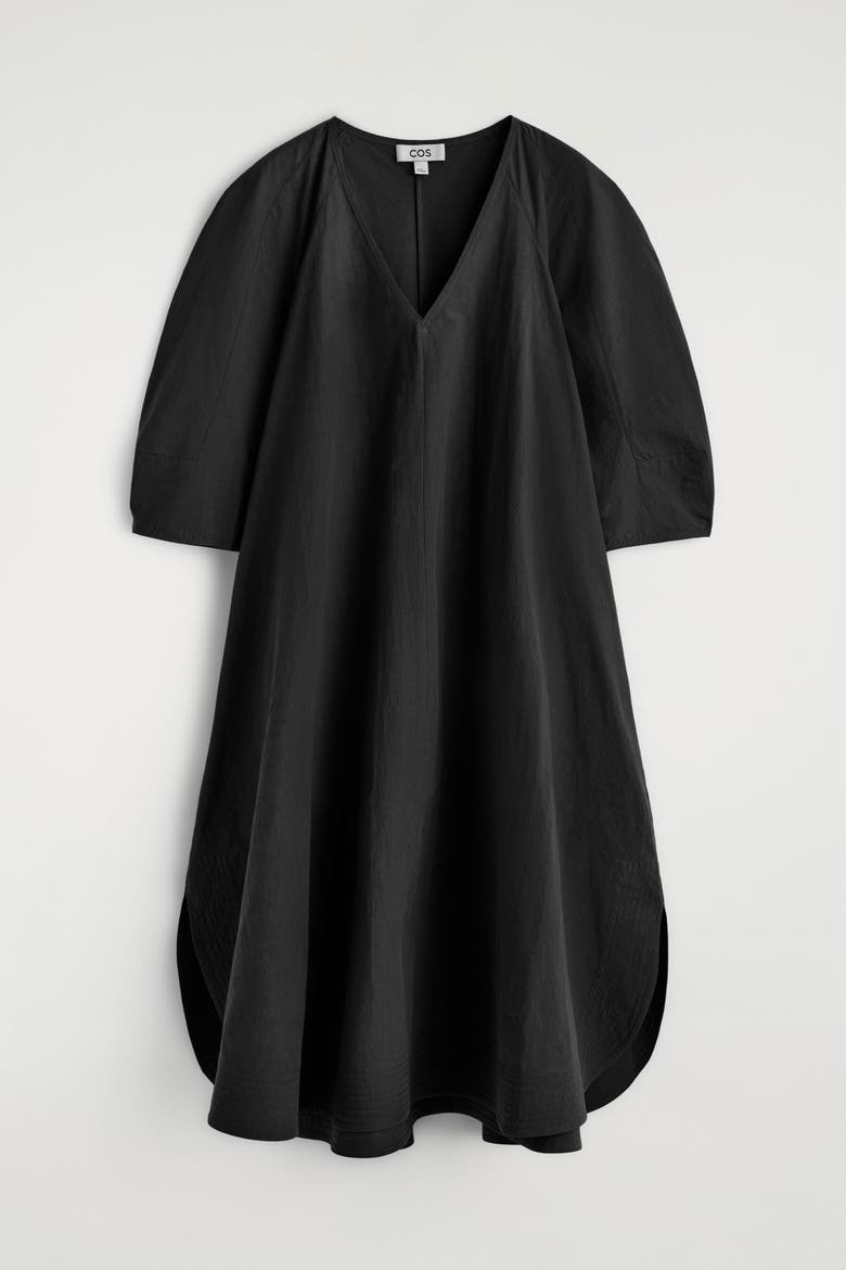 Rounded V-Neck Cotton Midi Dress, Alternate, color, BLACK