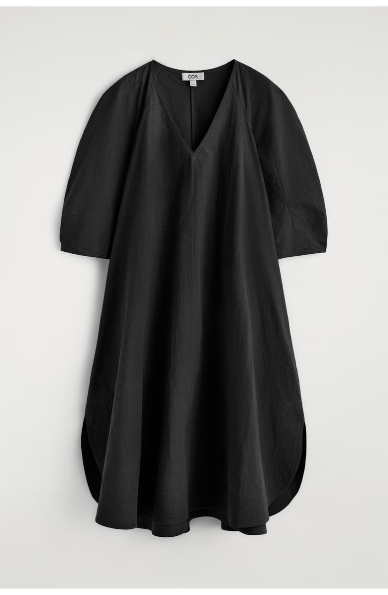 COS Rounded V-Neck Cotton Midi Dress, Alternate, color, Black