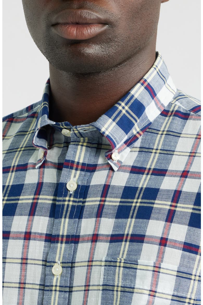 Madras Plaid Short Sleeve Button-Down Shirt, Alternate, color, IVORYMULTI