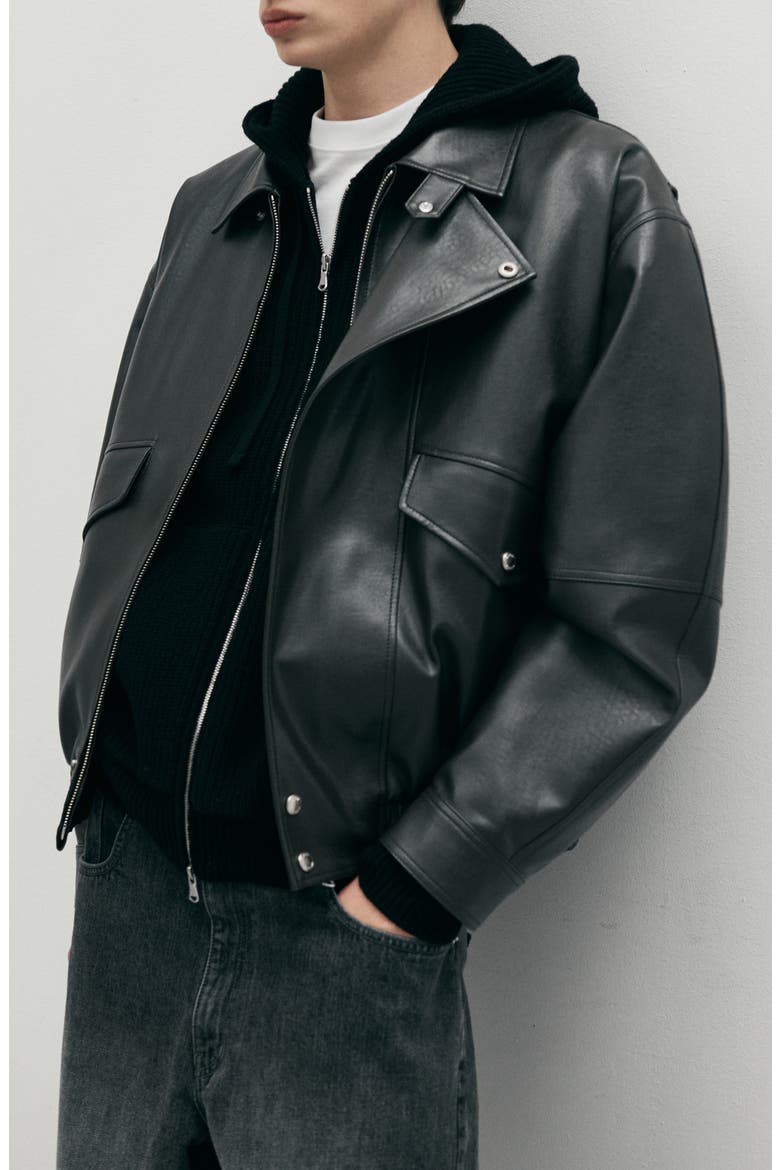 Gender Inclusive Cropped Faux Leather Bomber Jacket, Alternate, color, BLACK