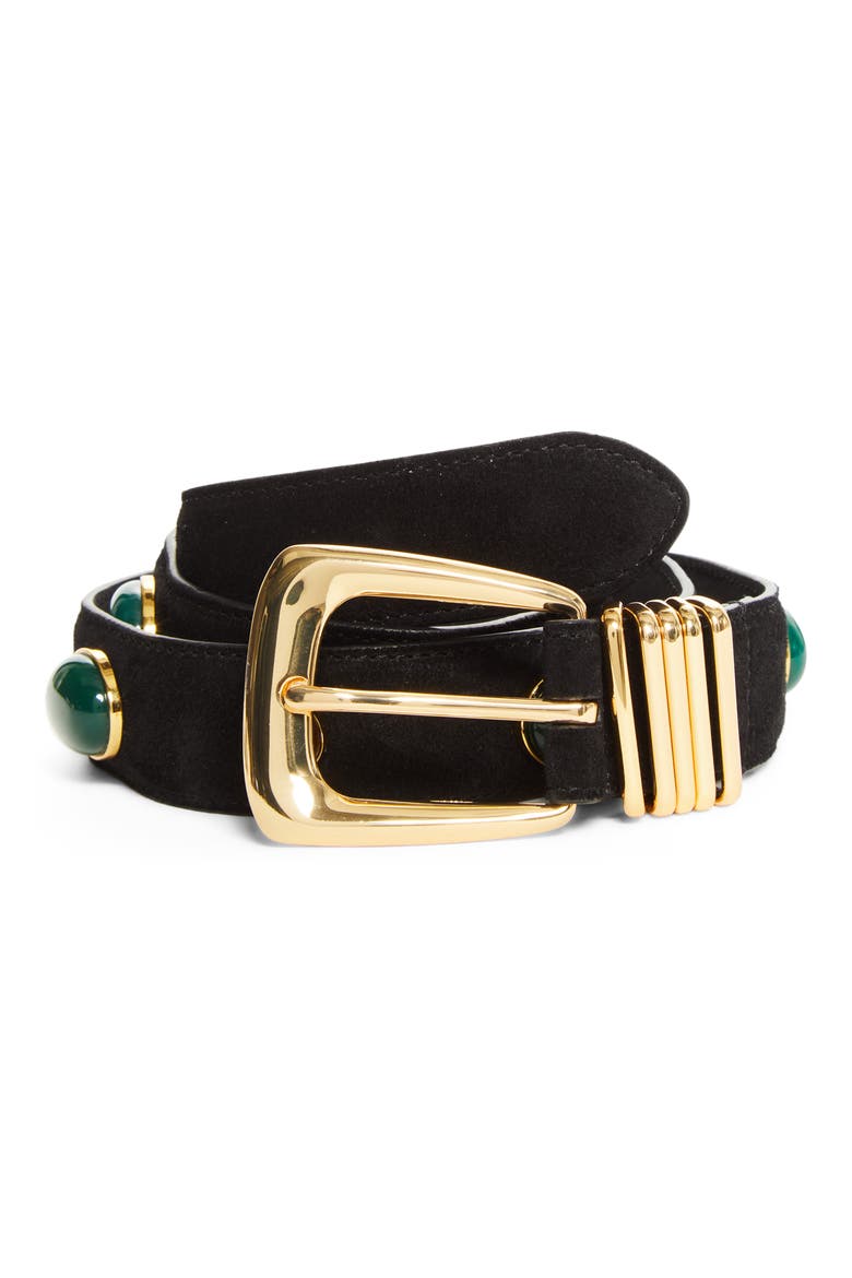 Stone Embellished Leather Arc Belt, Alternate, color, BLACK