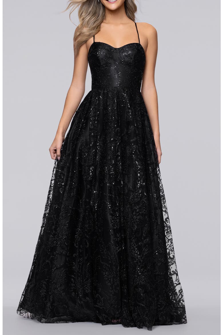 Sequin & Mesh Gown, Main, color, BLACK
