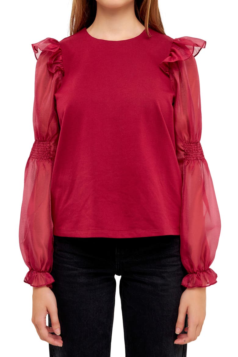 Puff Sleeve Cotton and Organza Blouse, Alternate, color, WINE