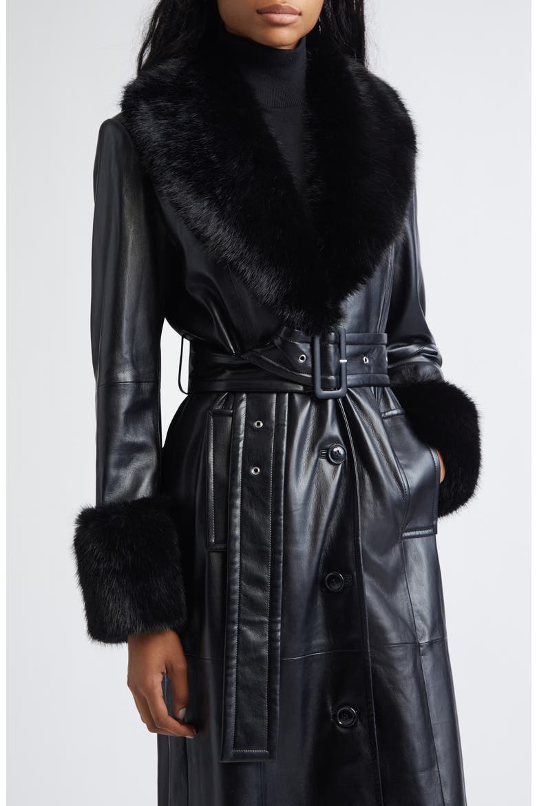 Estella Belted Faux Leather Coat with Faux Fur Trim, Alternate, color, BLACK/ BLACK