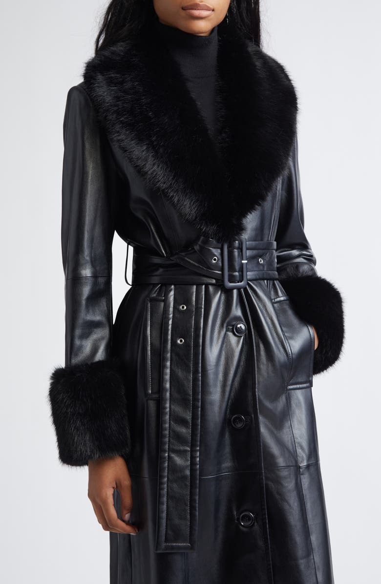 Stand Studio Estella Belted Faux Leather Coat with Faux Fur Trim, Alternate, color, Black/ Black