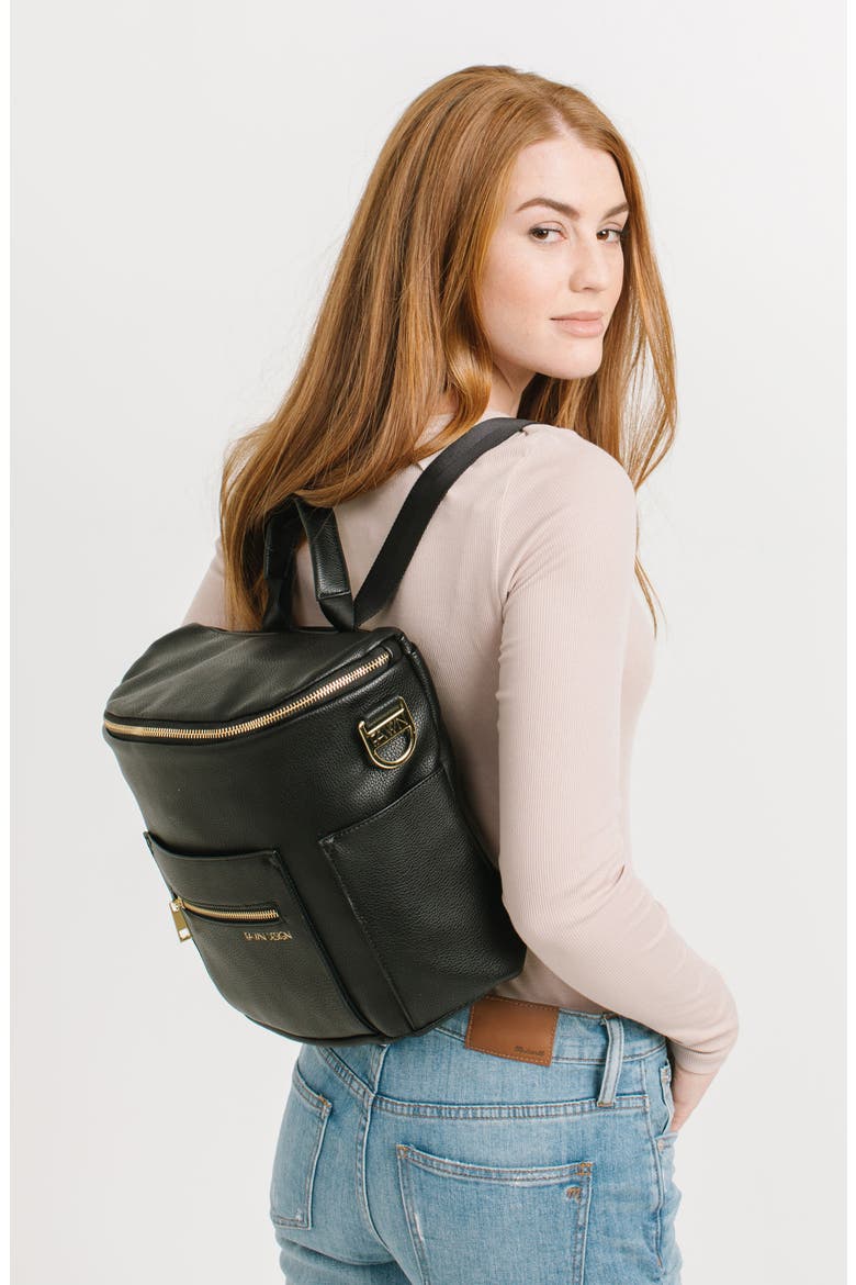 The Mini Convertible Water Resistant Faux Leather Diaper Bag, Alternate, color, BLACK