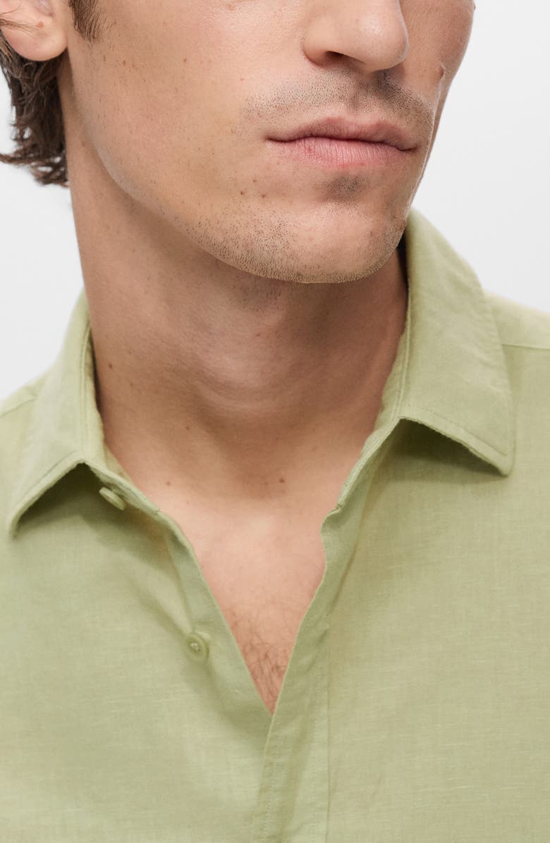 MANGO Short Sleeve Linen & Cotton Button-Up Shirt, Alternate, color, Green Apple