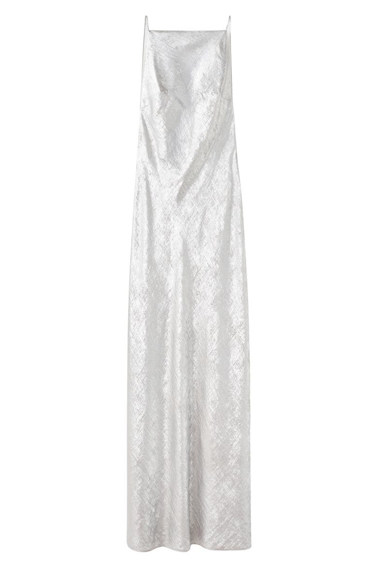 x Kaia Gerber Metallic Open Back Gown, Main, color, SILVER