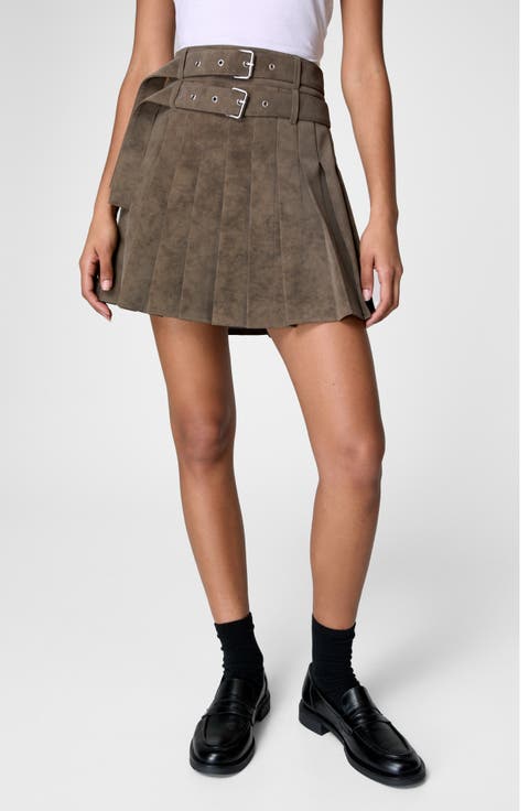 Belted Pleated Faux Suede Skirt