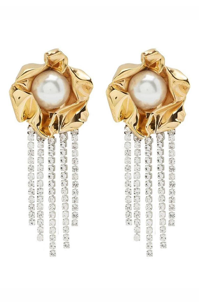 Sterling King Titania Imitation Pearl & Crystal Fringe Earrings, Main, color, Gold