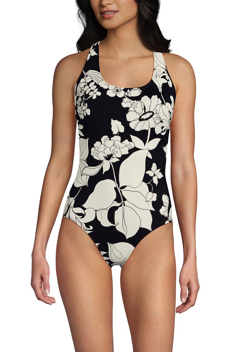 Chlorine Resistant Scoop Neck X-Back High Leg Soft Cup Tugless Sporty One Piece Swimsuit, Main, color, Black/Egret Lilies