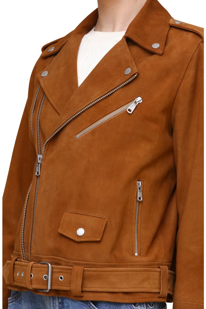 Belted Suede Moto Jacket, Alternate, color, CAMEL