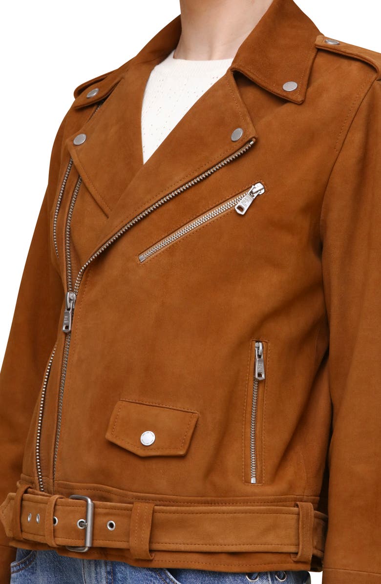 Avec Les Filles Belted Suede Moto Jacket, Alternate, color, Camel