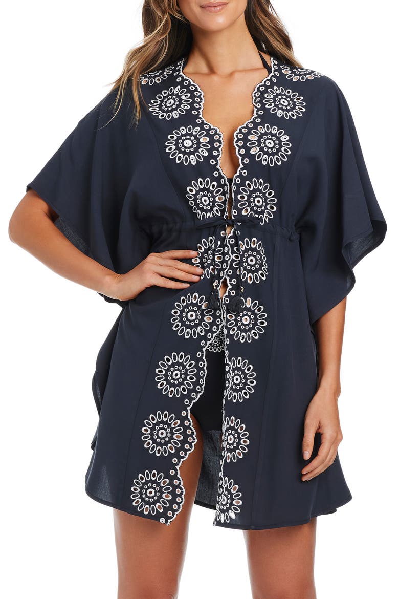 Eyelet Open Front Cover-Up Caftan, Main, color, BLACK/ WHITE