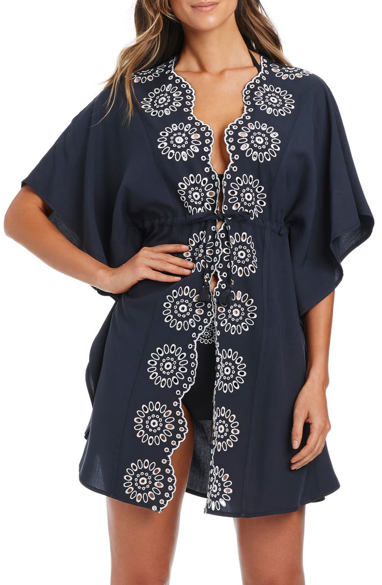 BLEU by Rod Beattie Eyelet Open Front Cover-Up Caftan, Main, color, Black/ White