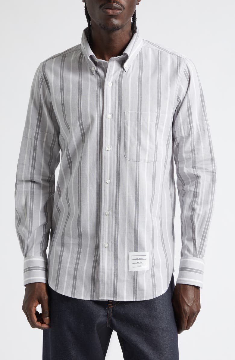 Thom Browne Straight Fit Stripe Cotton Button-Down Shirt, Main, color, Medium Grey