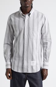 Thom Browne Straight Fit Stripe Cotton Button-Down Shirt