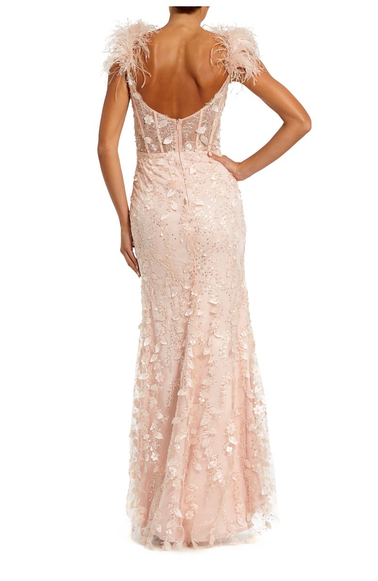 Mac Duggal Sheer Applique Bustier Gown with Feather Straps, Alternate, color, Peach