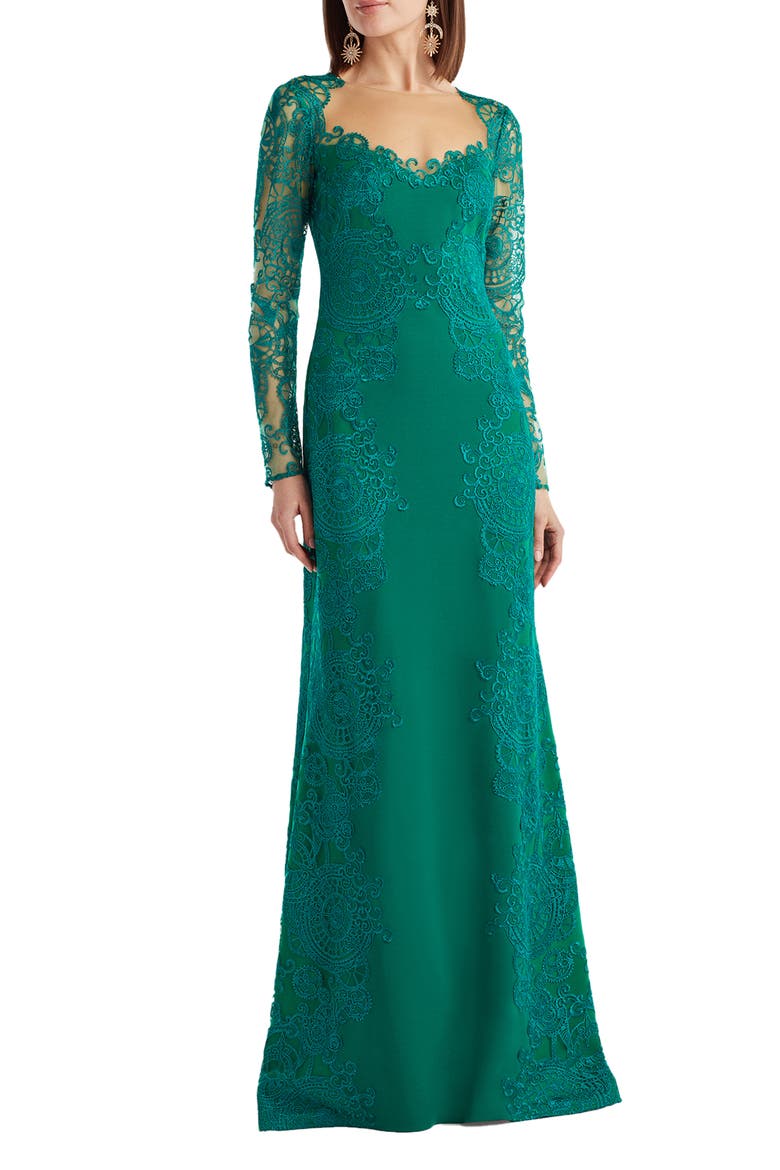 Embroidered Lace Long Sleeve Crepe Gown, Main, color, EMERALD