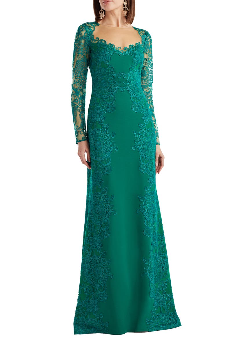 Tadashi Shoji Embroidered Lace Long Sleeve Crepe Gown, Main, color, Emerald