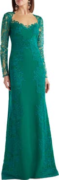 Tadashi Shoji Embroidered Lace Long Sleeve Crepe Gown
