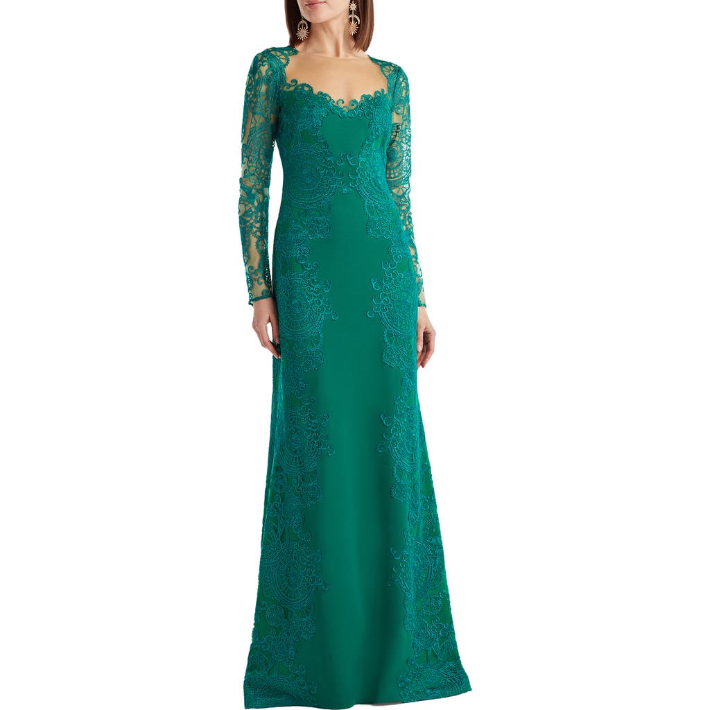 Tadashi Shoji Embroidered Lace Long Sleeve Crepe Gown In Green
