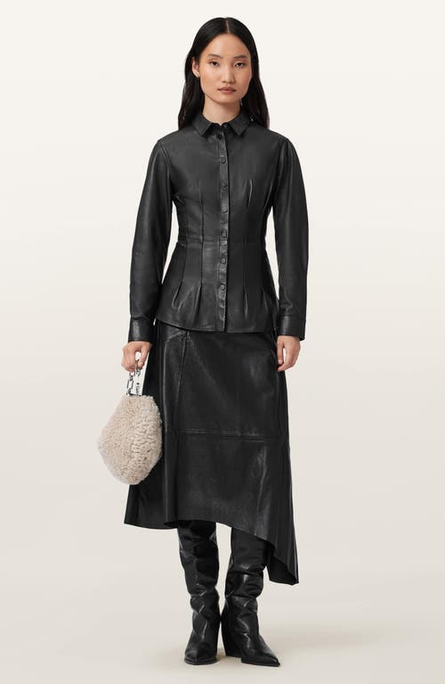 Allsaints Gia Asymmetric Leather Skirt In Black