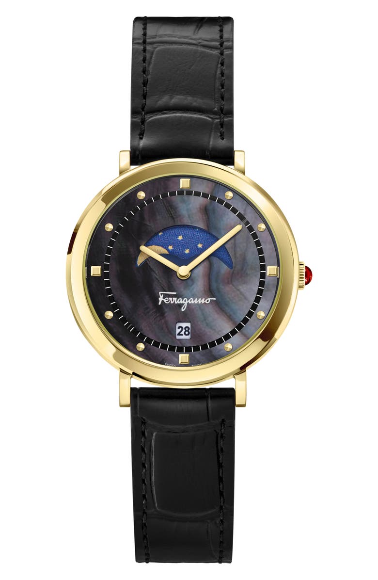 FERRAGAMO Logomania Moon Phase Croc Embossed Leather Strap Watch, 36mm, Main, color,