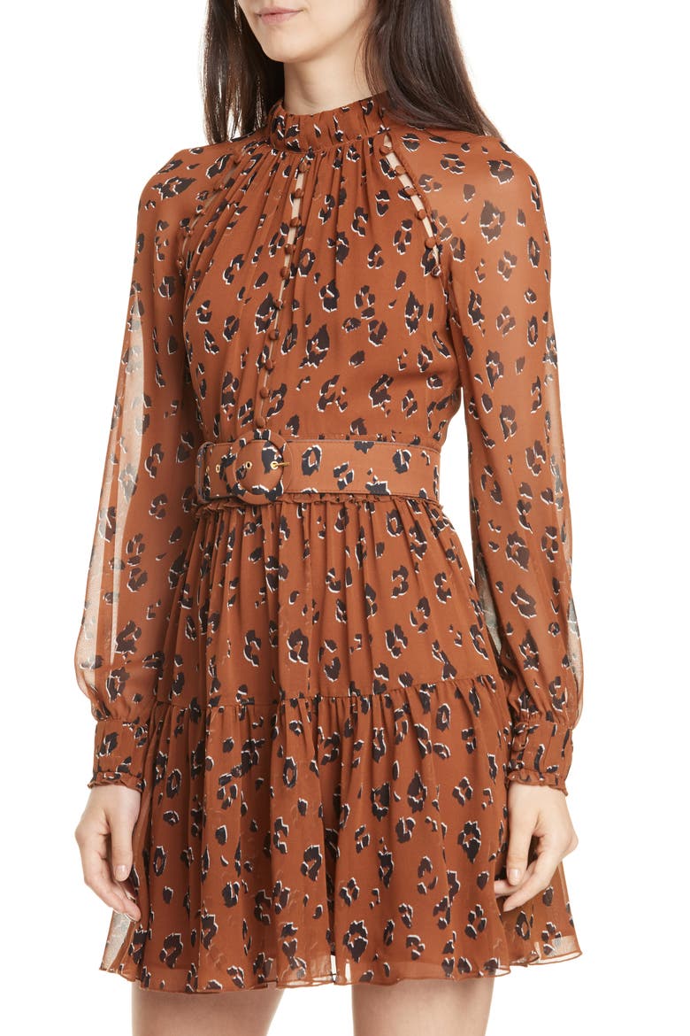 Leopard Print Long Sleeve Belted Silk Minidress, Alternate, color, LIGHT TOBACCO LEOPARD
