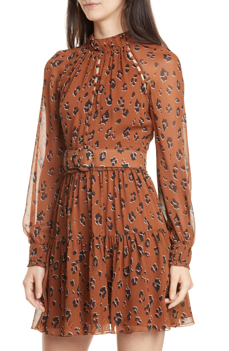 NICHOLAS Leopard Print Long Sleeve Belted Silk Minidress, Alternate, color, 