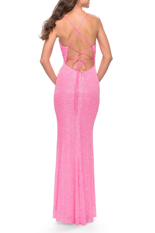 La Femme Sequin Stretch Long Prom Dress With Banded Waist In Neon Pink