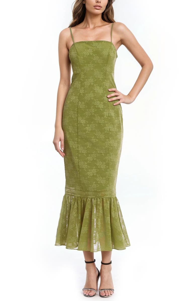 Jewel Badgley Mischka Floral Ruffle Hem Pencil Dress, Main, color, Green