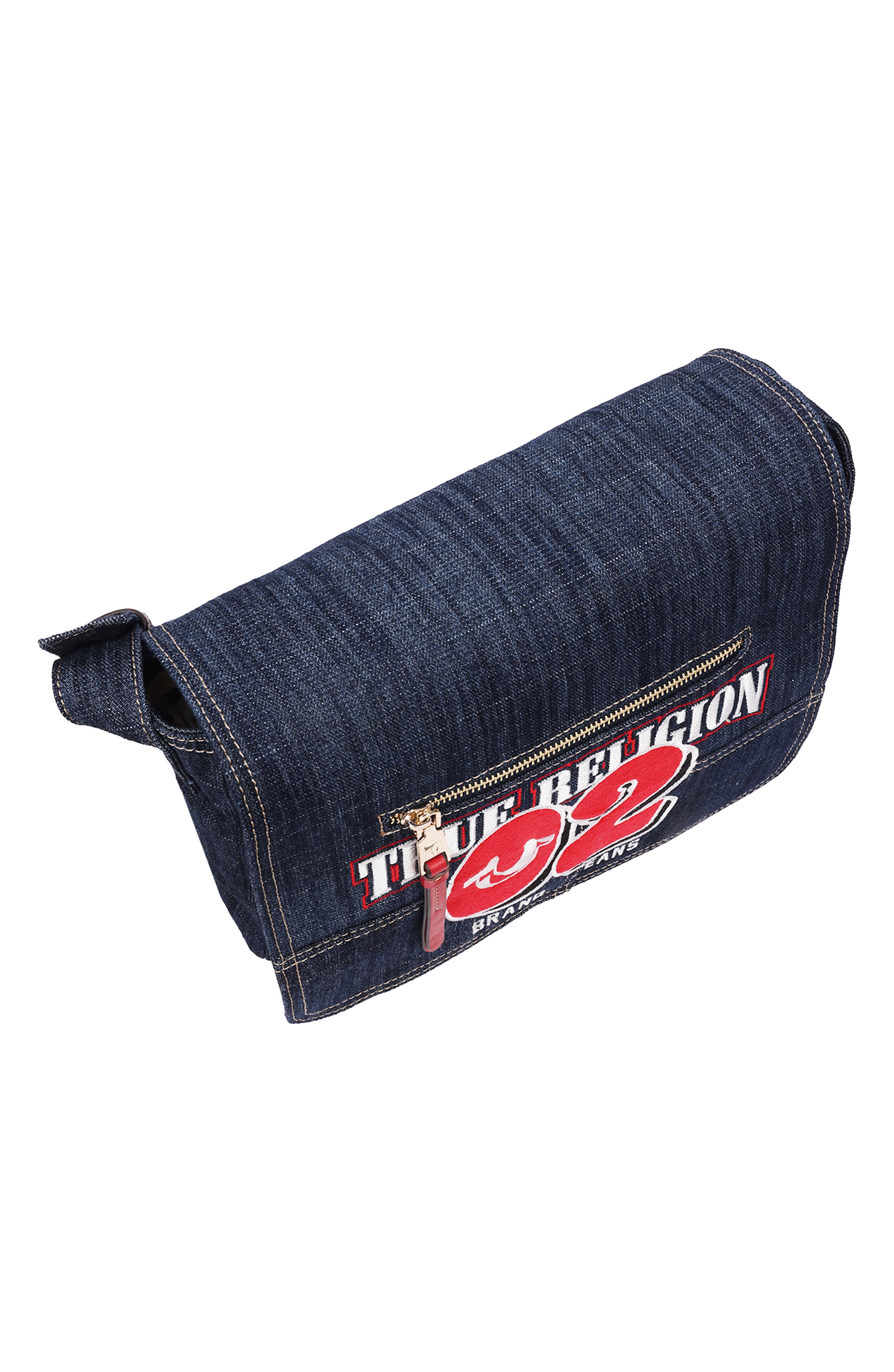 Varsity Logo Denim Messenger Bag, Alternate, color, DARK DENIM