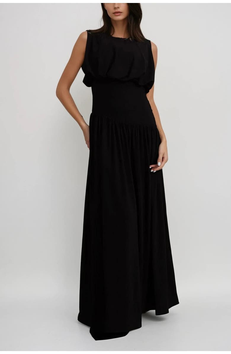 Sisterly Élodie Drape Waist Crepe Gown, Main, color, Black