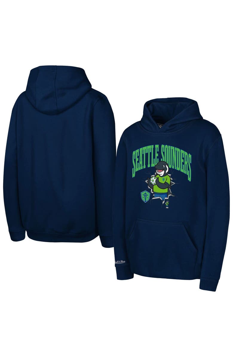 Mitchell & Ness Youth Mitchell & Ness  Navy Seattle Sounders FC Mascot Break Out Pullover Hoodie, Main, color, Navy