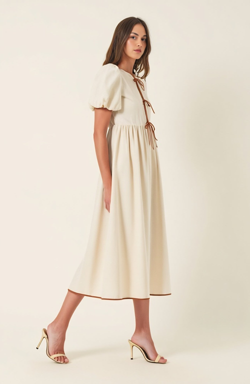 Modenaire Midi Puff Sleeve Dress With Contrast Ties And Hemline Trim In White