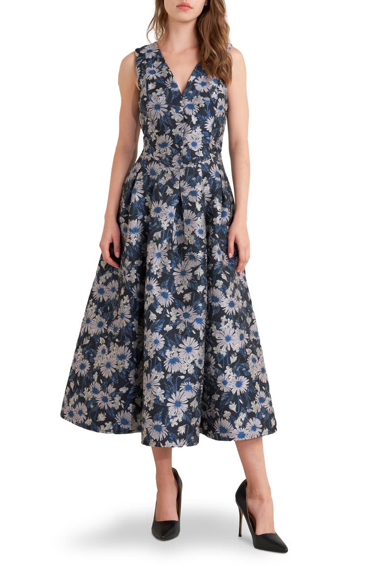 Floral Jacquard A-Line Midi Dress, Main, color, NAVY MULTI