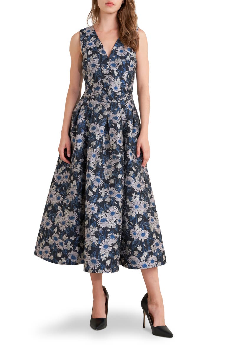 FREEMARKET Floral Jacquard A-Line Midi Dress, Main, color, Navy Multi