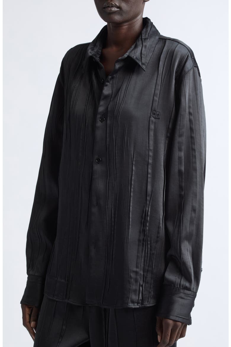 Oversize Crinkled Satin Button-Up Shirt, Alternate, color, BLACK