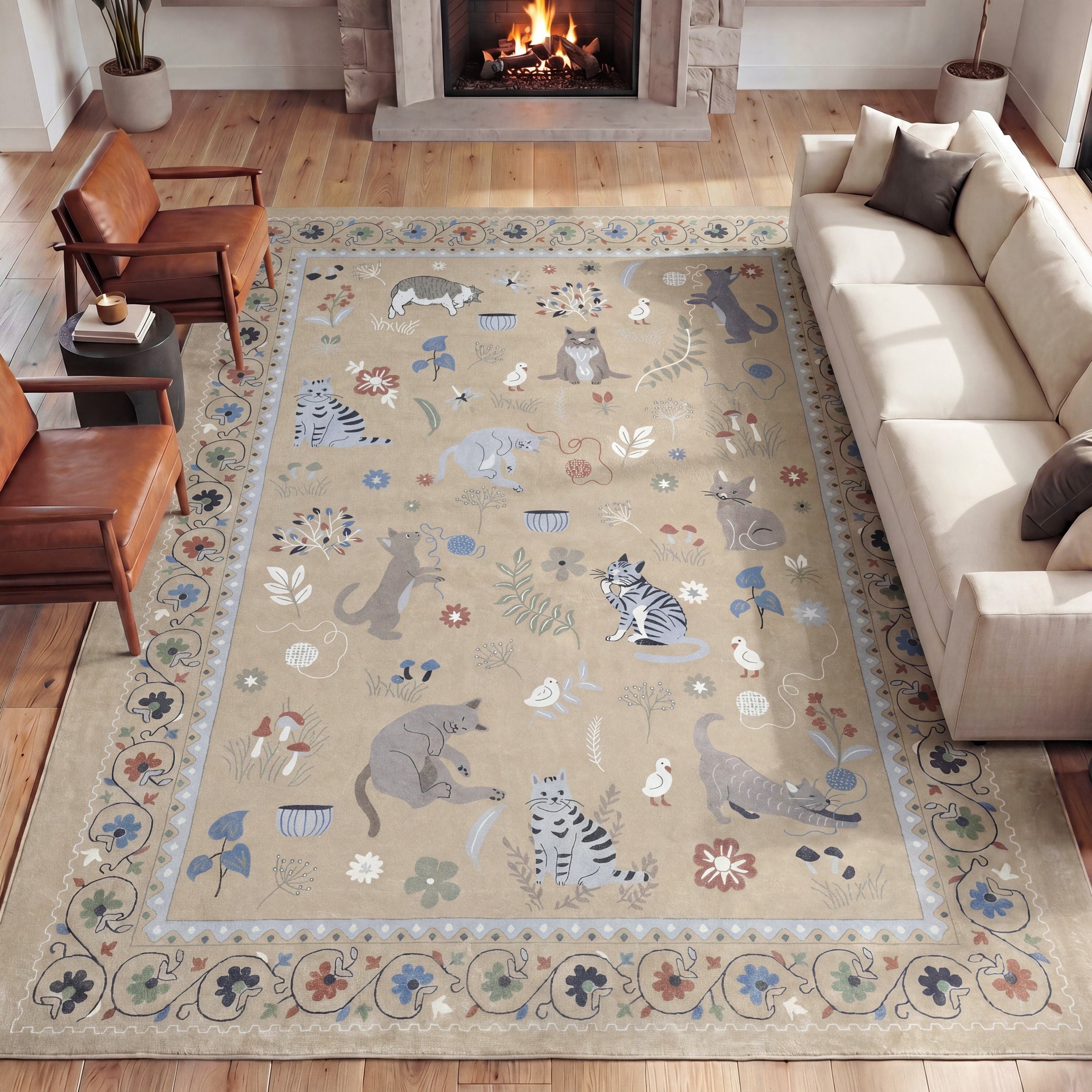 Jonathan Y Designs Catmosphere Festive Feline Floral Border Non-slip Machine-washable Rug In Tan