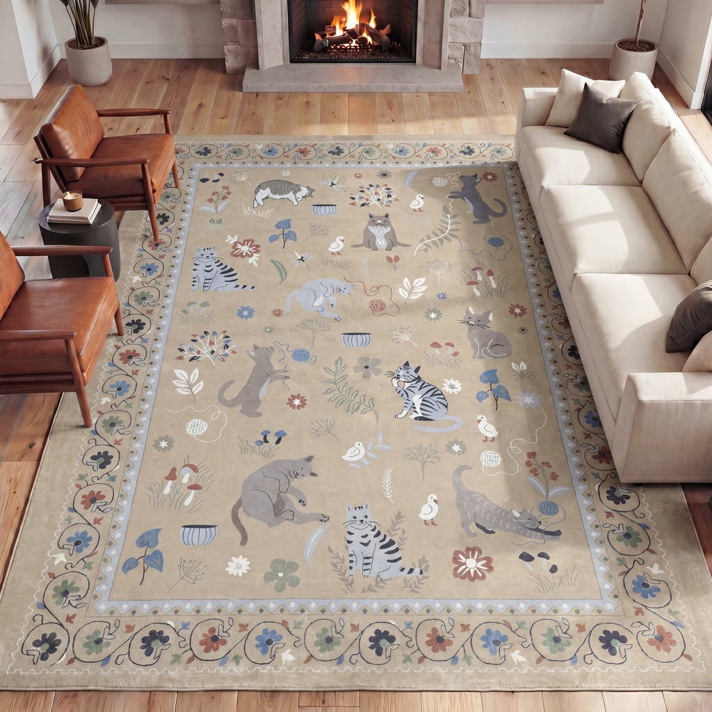 Jonathan Y Designs Catmosphere Festive Feline Floral Border Non-slip Machine-washable Rug In Tan
