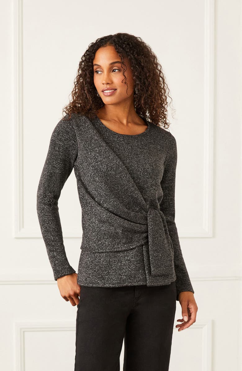 Karen Kane Sparkle Side Drape Long Sleeve Top, Alternate, color, Black W/Silver