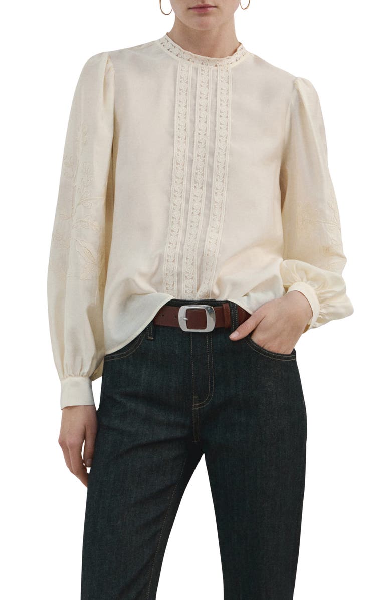 MANGO Floral Embroidered Top, Main, color, Ecru