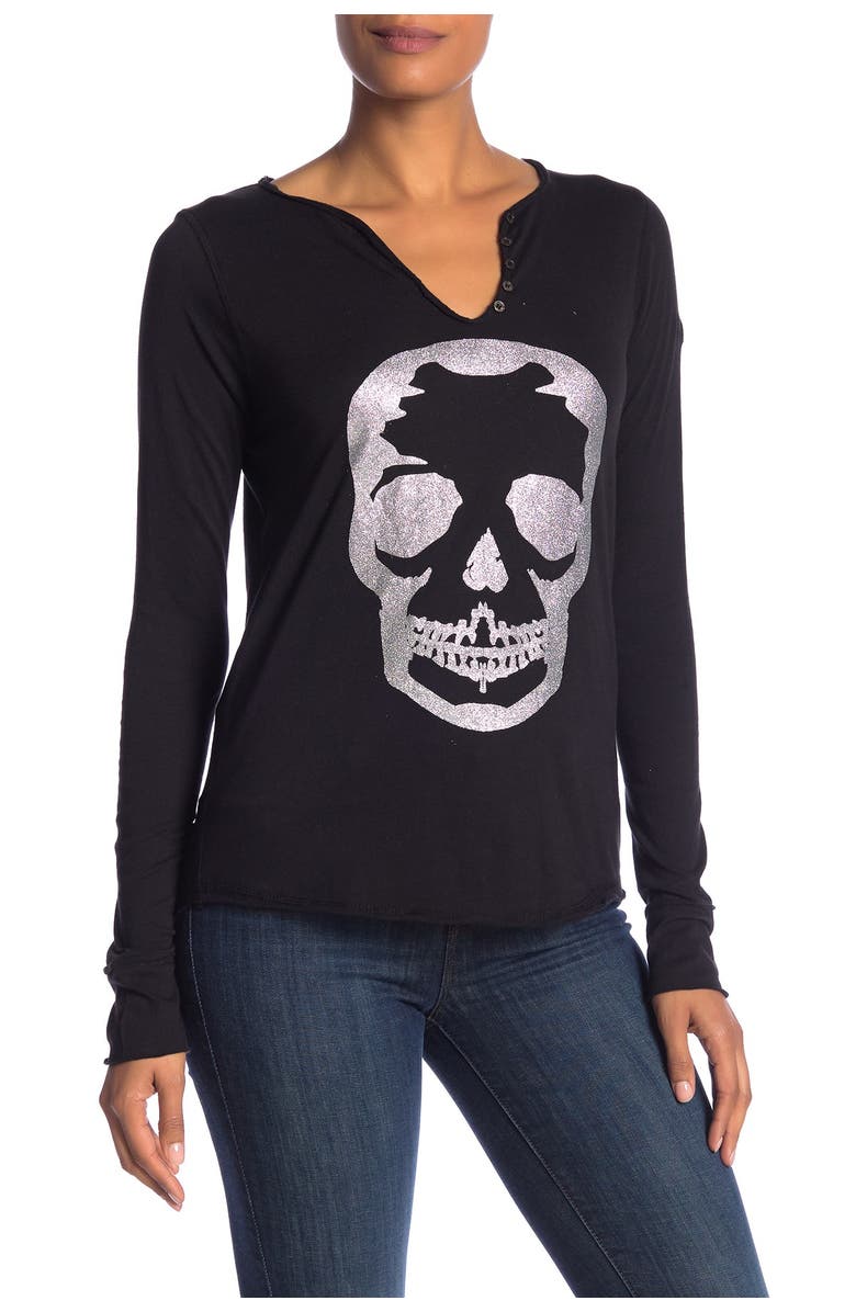Zadig & Voltaire Metallic Skull Print Long Sleeve T-Shirt, Main, color, 
